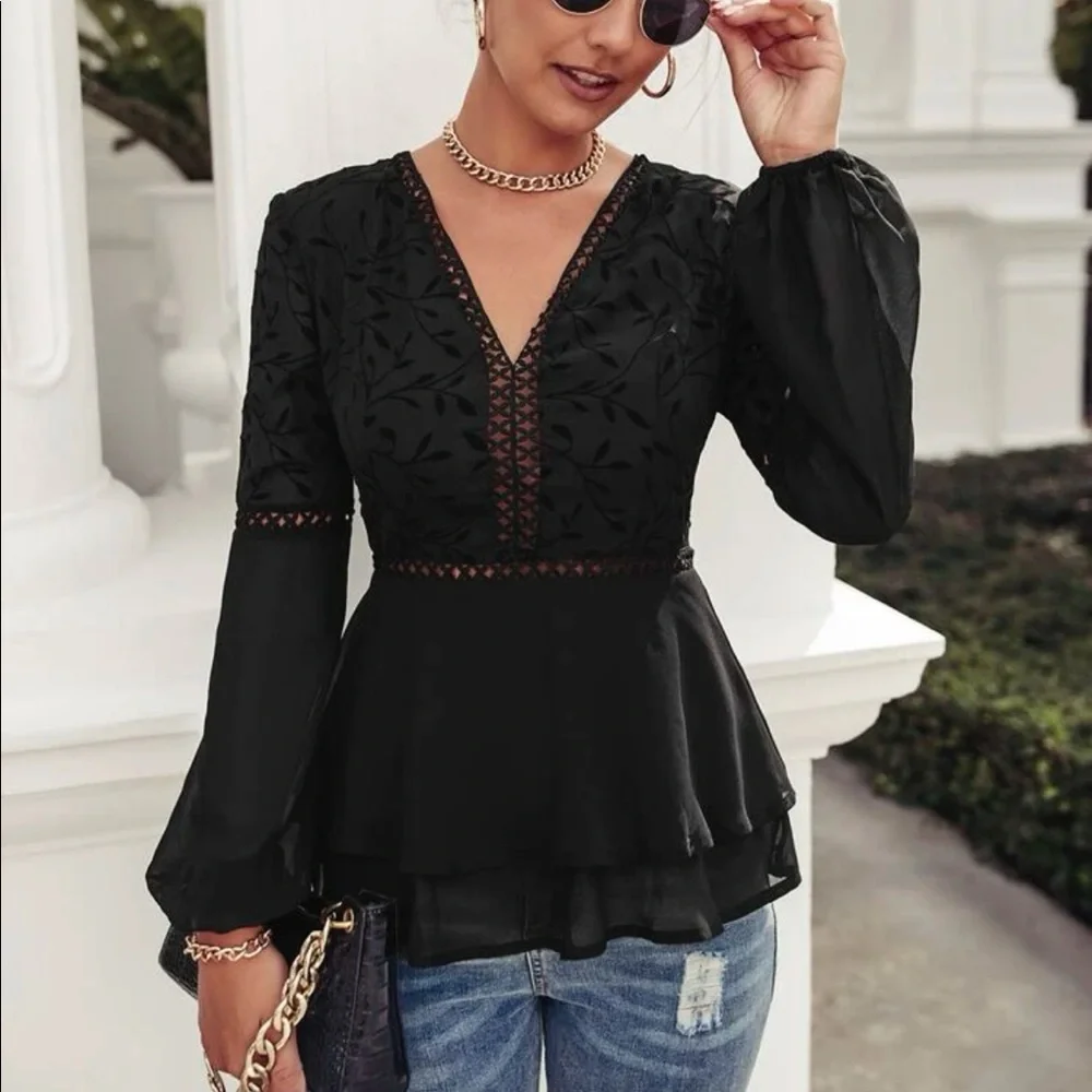 Boho embroidered lace insert lantern sleeve blouse